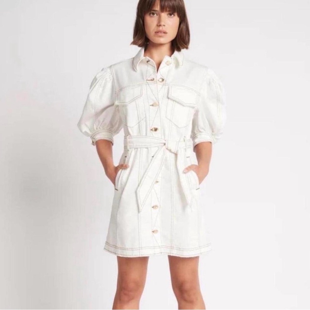 Aje White Mini Dress with Puff Sleeves